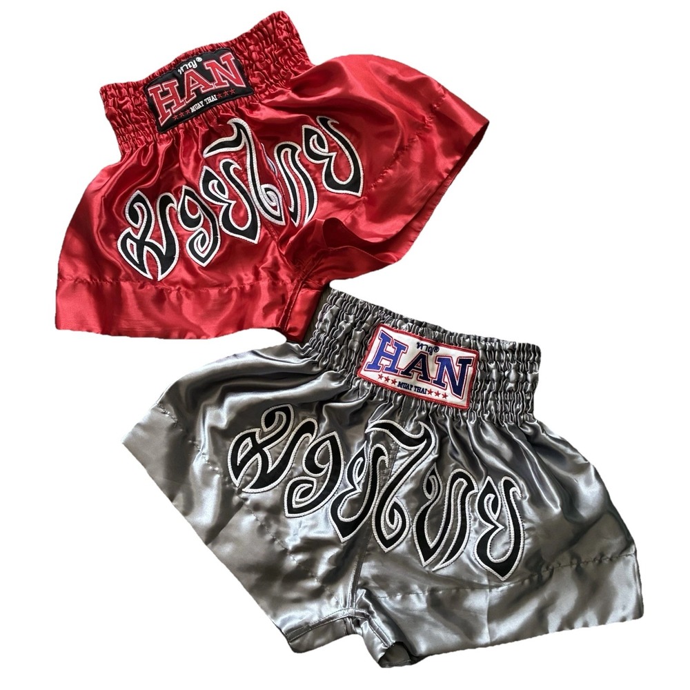 Lot Of 2 HAN Muay Thai Shorts Size Small Satin Boxing Fight Trunks Red Silver